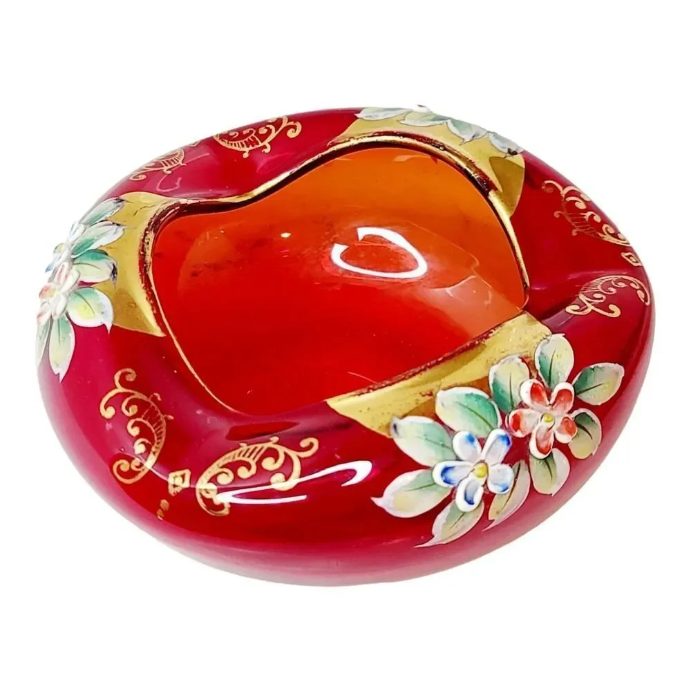 Vtg Hand Painted Bohemian Czech Ruby Red 22K‎ Gold Dish Ashtray Enamel Flowers